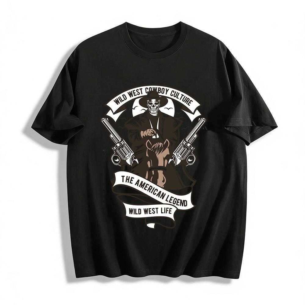 

Wild West Cowboy Skull Horse Print Retro Western Culture Casual Tee Pure cotton T-shirt XXS