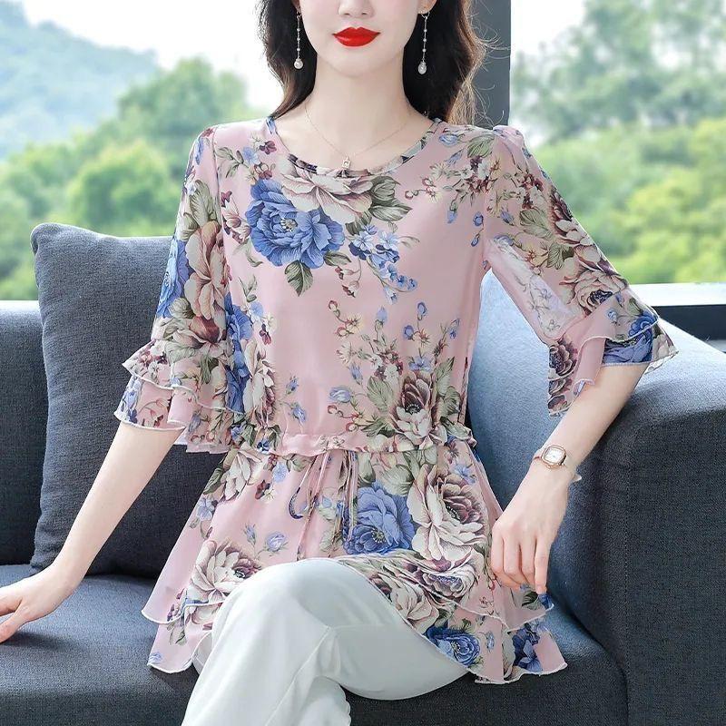 Women's Summer Fashion Floral Print Chiffon Shirts Female Loose Short-sleeved Tops Ladies O-neck Casual Blouses