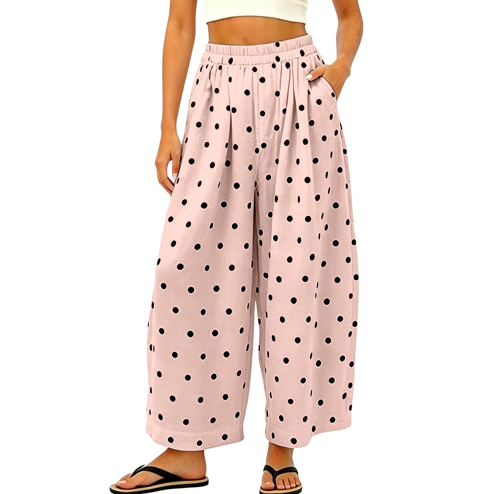 

Women Casual Wide Leg Pants Polka Dot Print Elastic Waistband Loose Fit Long Trousers with Pockets Comfortable Soft Fabric M жовтий