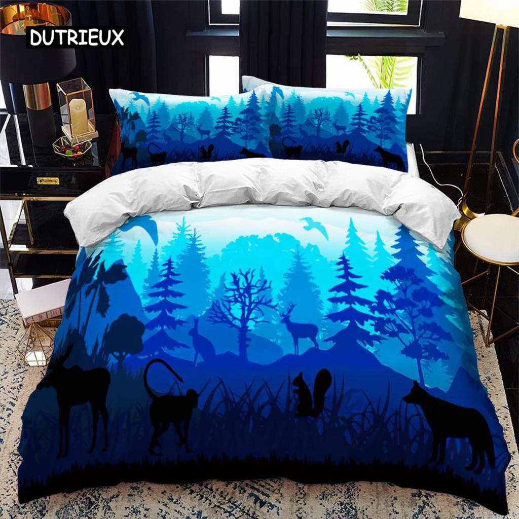 Tier Silhouette Bettbezug Set Heulen unter dem Mond Tier Thema Bettdeckenbezug für Kinder Jungen Mikrofaser King Twin Bettwäsche Set