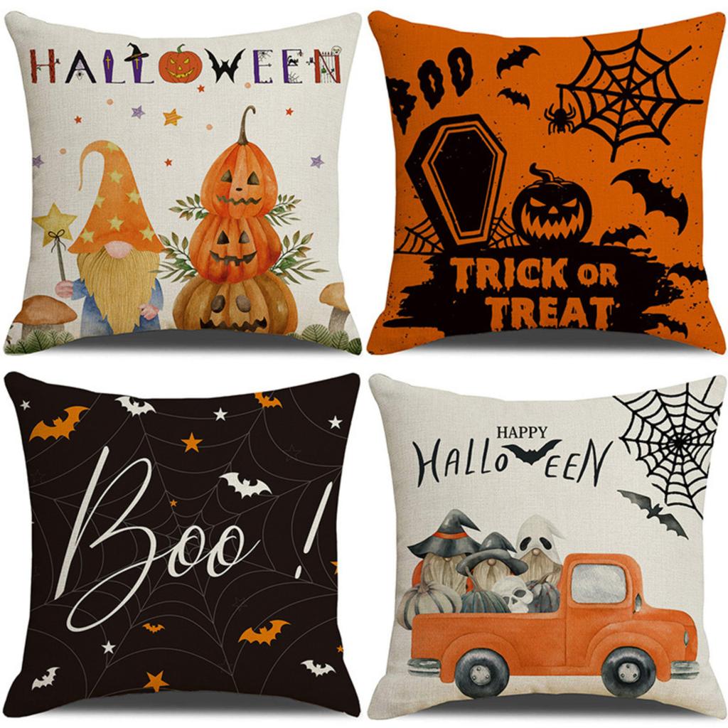4PCS Halloween Pillow Covers Set Decorative Sofa Throw Pillowcases with Pumpkin and Haunted House Designs for Home Decor