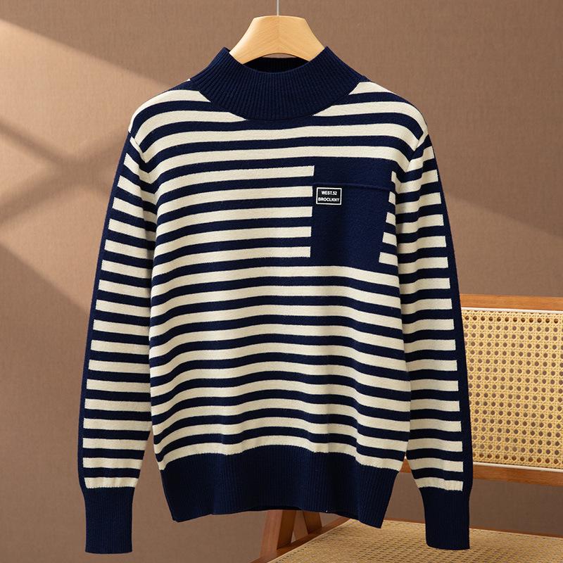 2025 Women’s Korean Style Striped Half High Neck Knitted Pullover Sweater