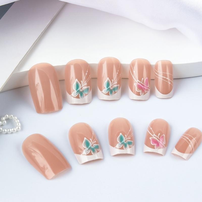 Packung mit 24 französischen Schmetterling Nagelkunstspitzen künstliche Nägel elegantes Design für sofortige Anwendung Naturweiß-Effekt