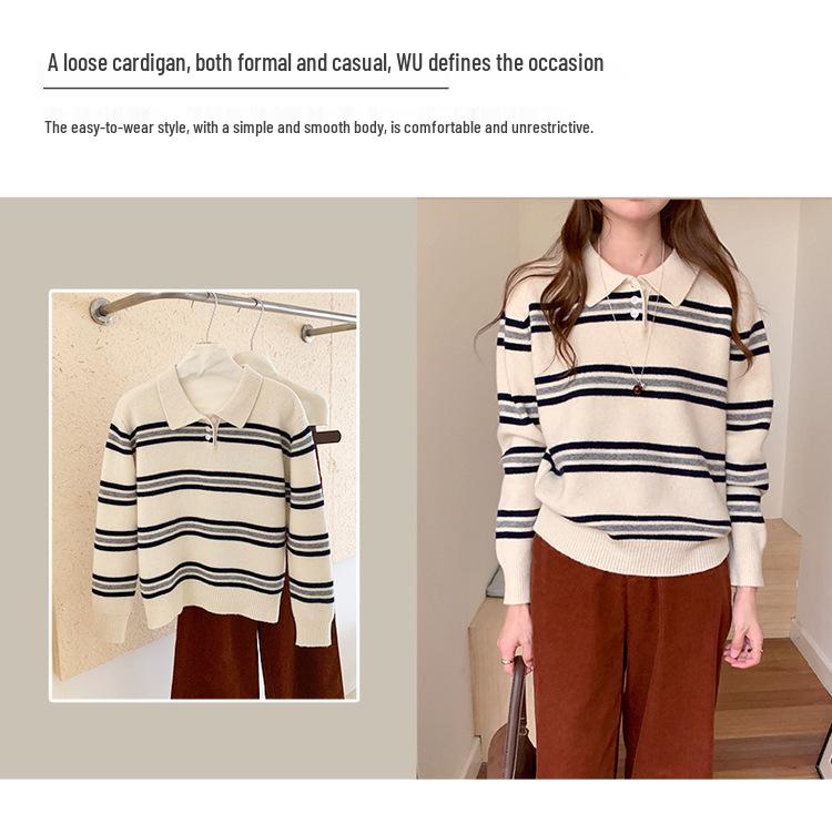 Women's Striped Wool Polo Collar Knit Top - European & American College Style, Autumn/Winter
