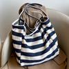 Koreanischer Ins Lazy Style Gestreifte Canvas-Tasche Literarische Kontrastfarbe Tragetasche Große Kapazität Umhängetasche Einkaufstasche Große Tasche