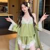 New Women's Sexy Pajamas Three-piece Set with Chest Pads, Suspenders, Shorts Set, Ice Silk, Satin Lace, Pure Desire