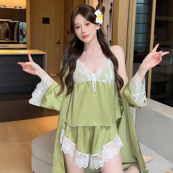 New Women's Sexy Pajamas Three-piece Set with Chest Pads, Suspenders, Shorts Set, Ice Silk, Satin Lace, Pure Desire