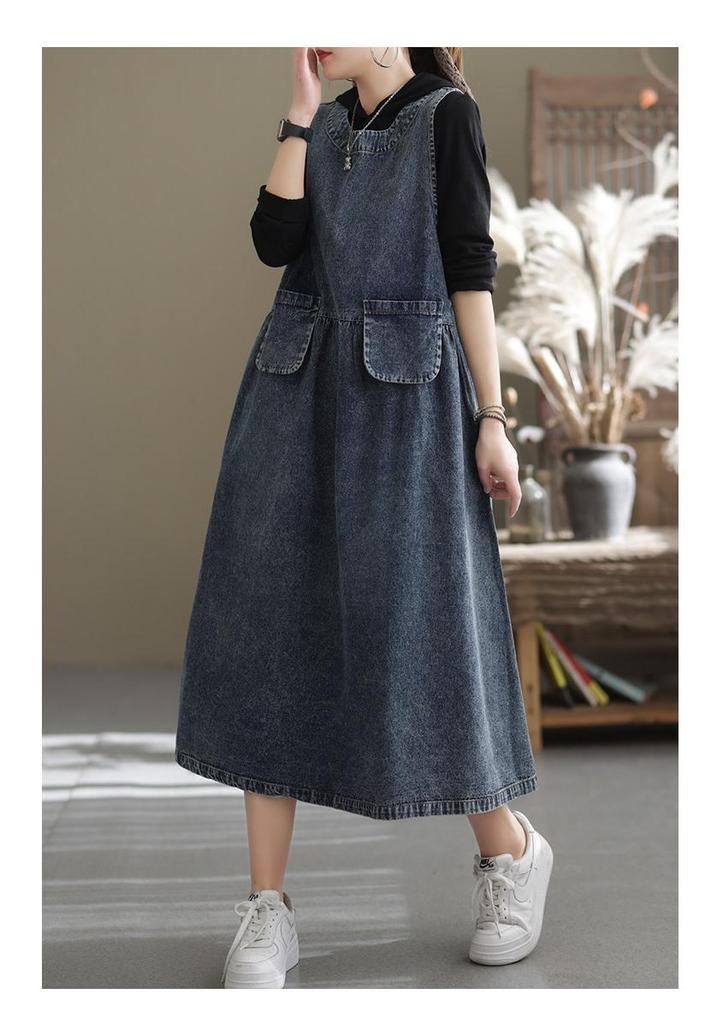 Women's Casual Denim Dress - Mid-Length, Round Neck, Loose Slimming Fit, Retro Style, Plus Size, Perfect for Spring and Summer