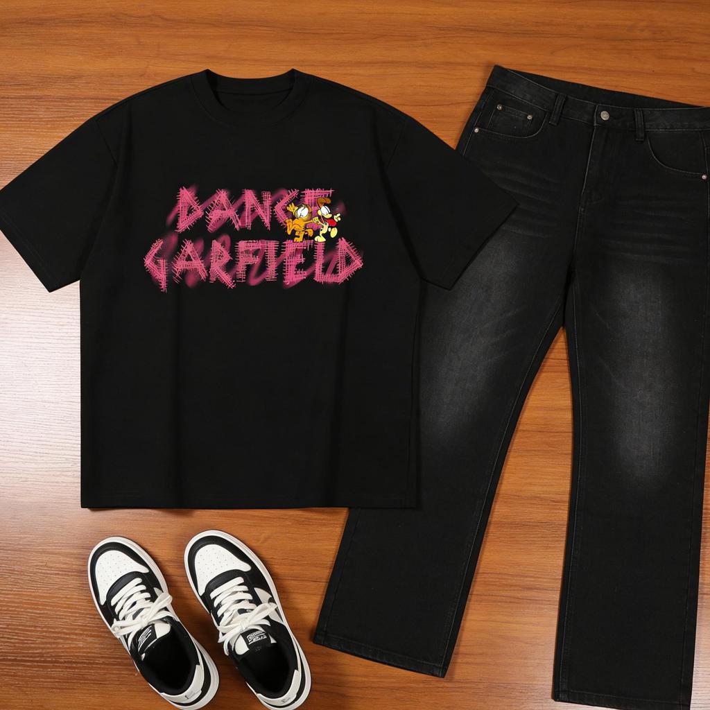 Garfield & Odie "DANCE GARFIELD" Graffiti Print Short Sleeve T-Shirt, American Streetwear Brand Heavyweight Cotton Loose Fit Oversized Couple Top