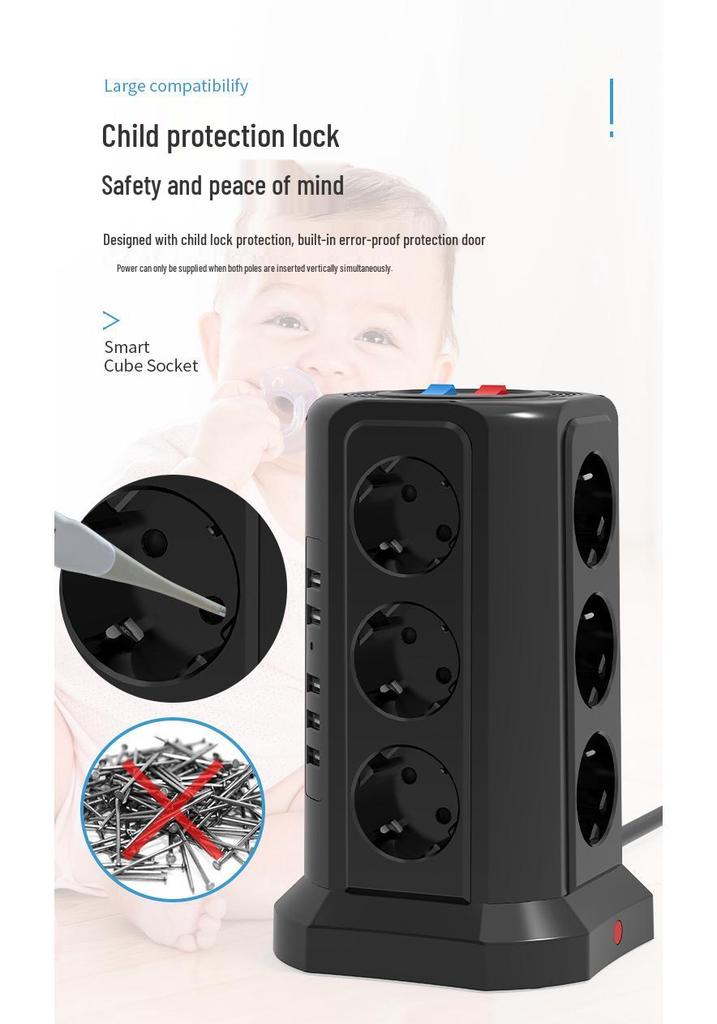 European Standard Power Strip: 3-Layer, 12 Sockets, USB, Extension Cord, Multi-Hole Plug Board