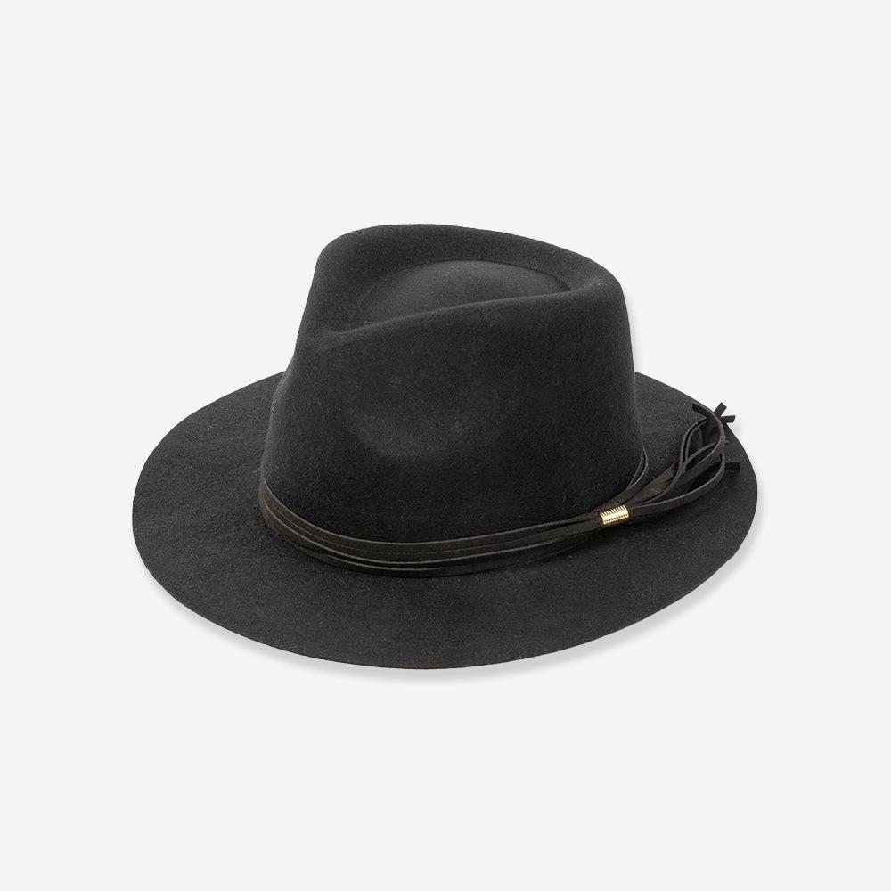 Autumn and winter new fashion casual PU leather rope decoration wide brim crown top wool jazz hat concave top hat tide