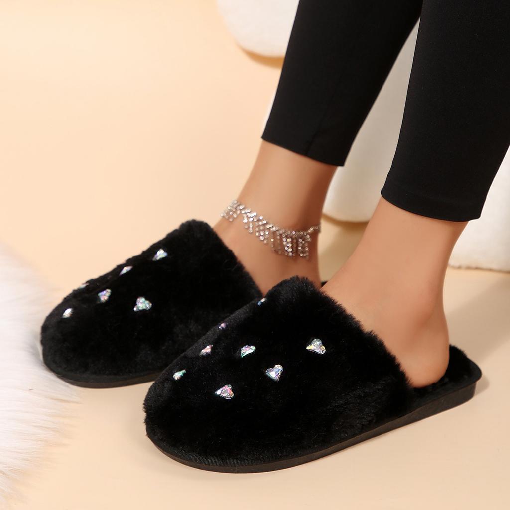 Fashion Sweet Glitter Heart Furry Mules Slippers Women 2025 Winter Warm Short Plush Cover Toe Slippers Soft Faux Fur Indoor Slippers
