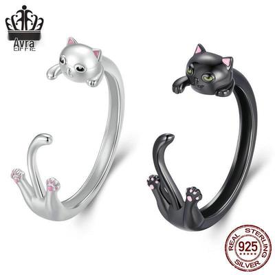 Sterling Silver S925 Black Cat Adjustable Ring with Black Gold Plating
