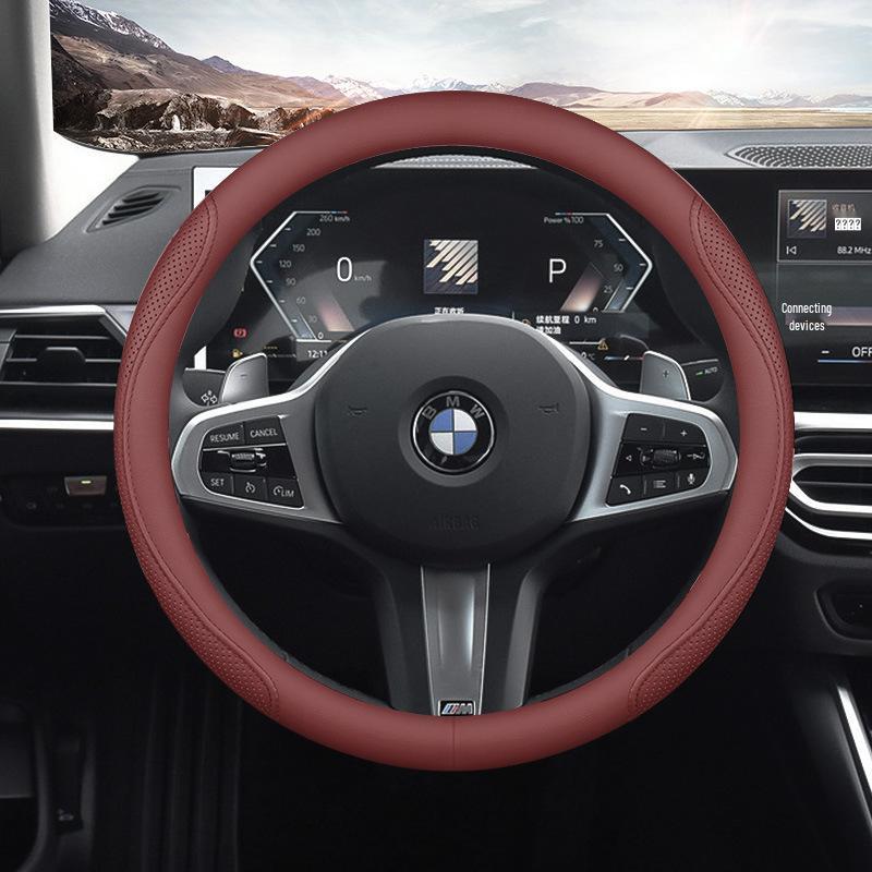 All-Season Genuine Leather Steering Wheel Cover for BMW 3, 5, X Series 38 cm