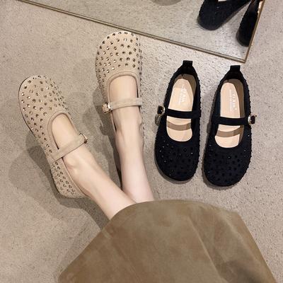 Fashion Women Flats Shoes Kid Suede Leather Ballet Mary Jane Rhinestone Round Toe Casual Party Shoes Heel Woman 34-40