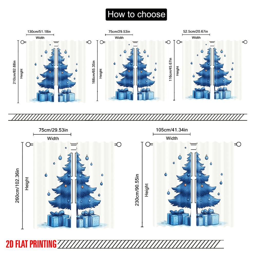 2pcs,2D Plane Printing Print Curtains Blue Christmas Tree Gifts Versatile Durable Polyester (without Rod) Festive Use for Living