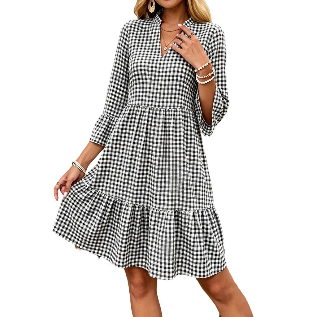 Women's V Neck Plaid Flared Sleeve Loose Fit Pullover Bohemian Vacation Dress Mid Length Casual Summer Dress