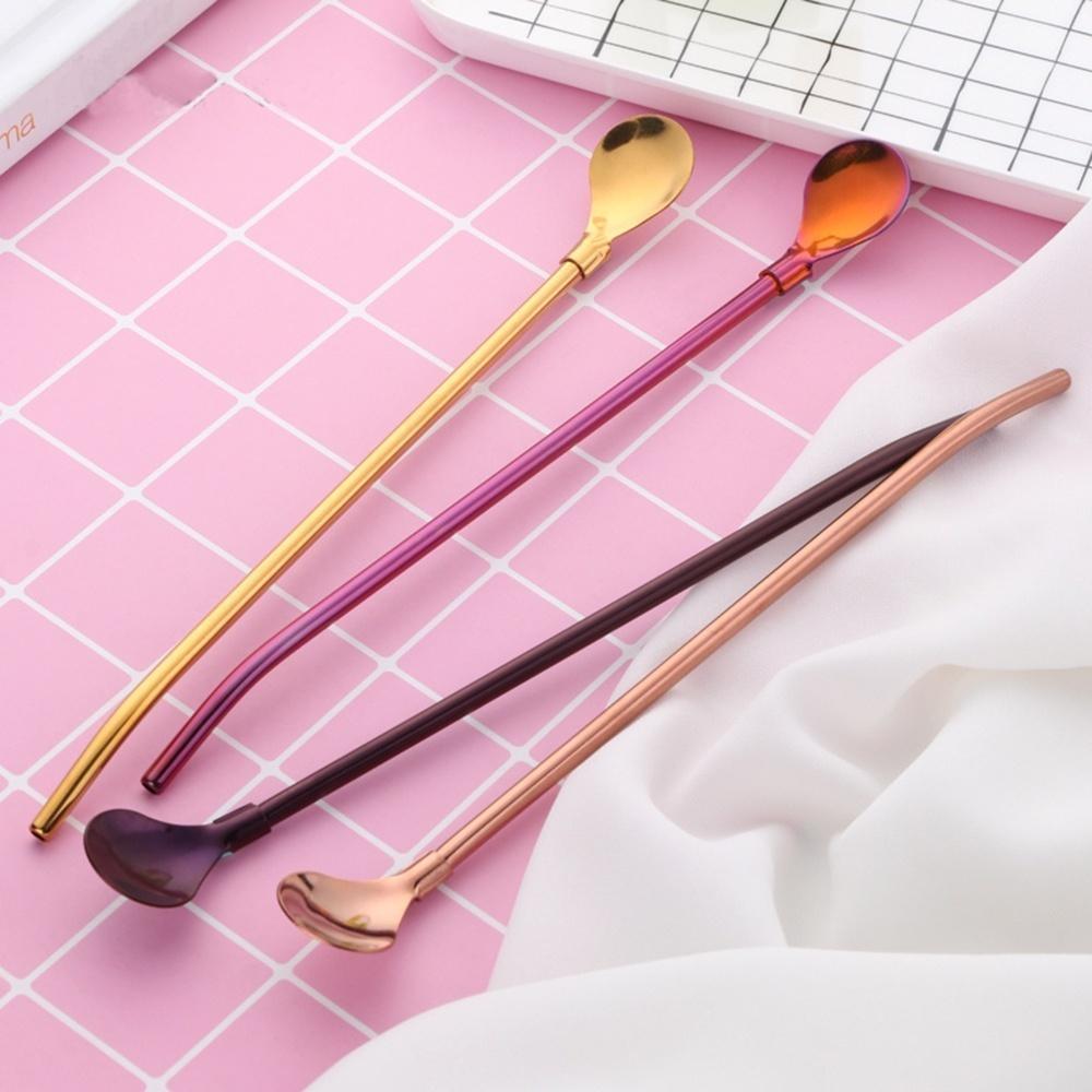 Reusable Bar Tea Party Drinking Straw Bent Filter 2 In 1 Stainless Steel Coffee Spoon