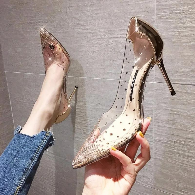 Fashion New Luxury Fairy Style Transparent High Heels Thin Heels Pointed Water Diamond Single Shoes Women's Crystal Wedding Shoes