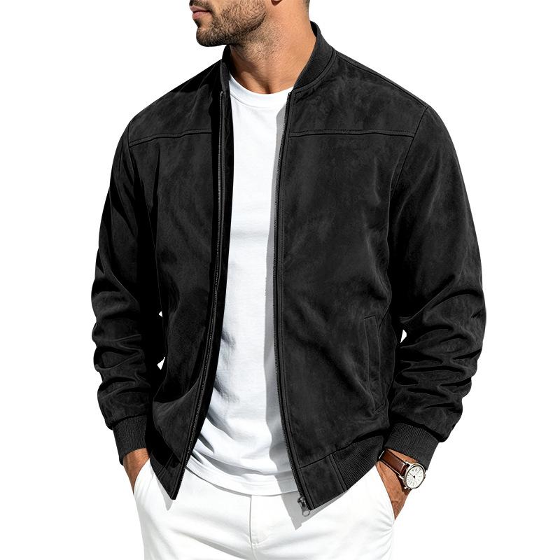 Men Faux Suede Bomber Jacket Zip‑Up Baseball Collar Casual Long Sleeve Outerwear Lightweight Fall Pilot Coat