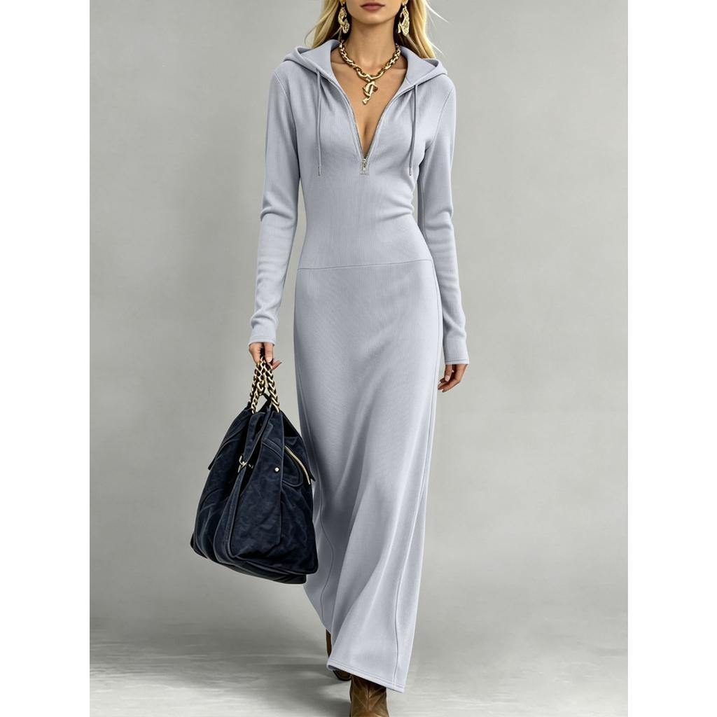 Großformat Damen Kapuzenkleid mit halbem Reißverschluss Gerippt Dehnbar Schmale Taille Langarm Langes Sweatshirtkleid