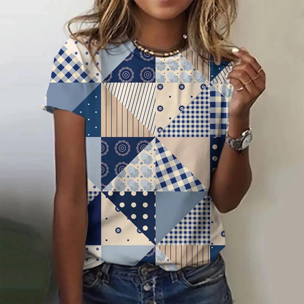 Plaid Printing Women's Printing Fashion Crew Neck Short Sleeve Casual Daily Wide T-Shirt Clothing