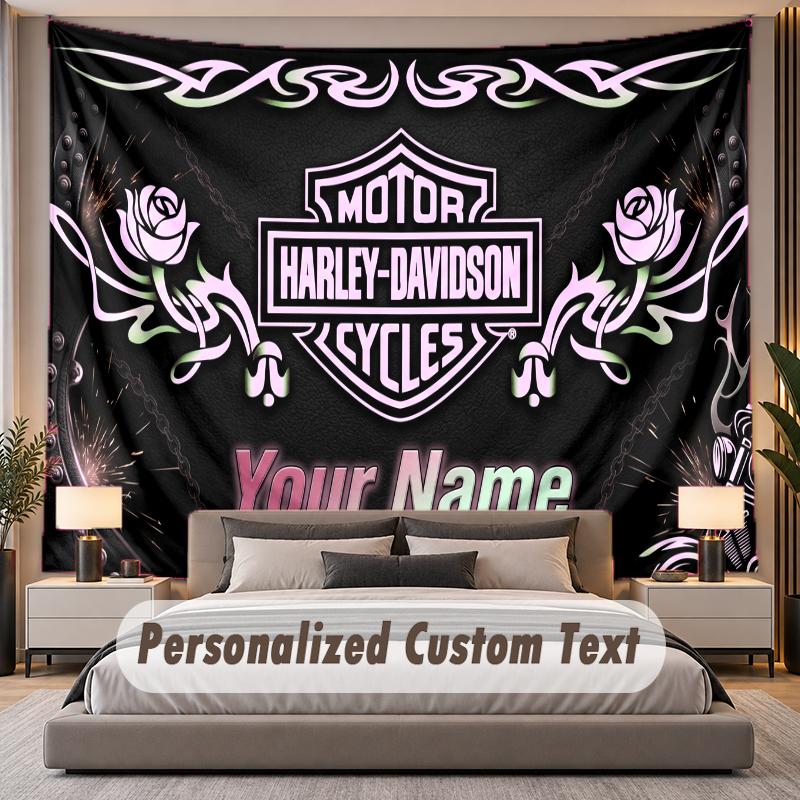 Custom Name Text Tapestry Harley-Davidson Personalized Polyester Wall Tapestry For Bedroom And Room
