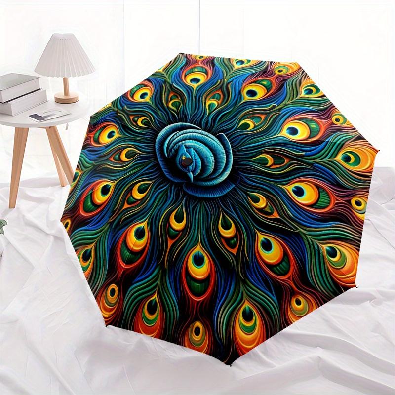 Colorful Peacock Feather Mandala Wall Art Print Umbrella, Cute Umbrella with Cute Design, Portable 3-Fold Compact Umbrella for Men & Women, Valentine'