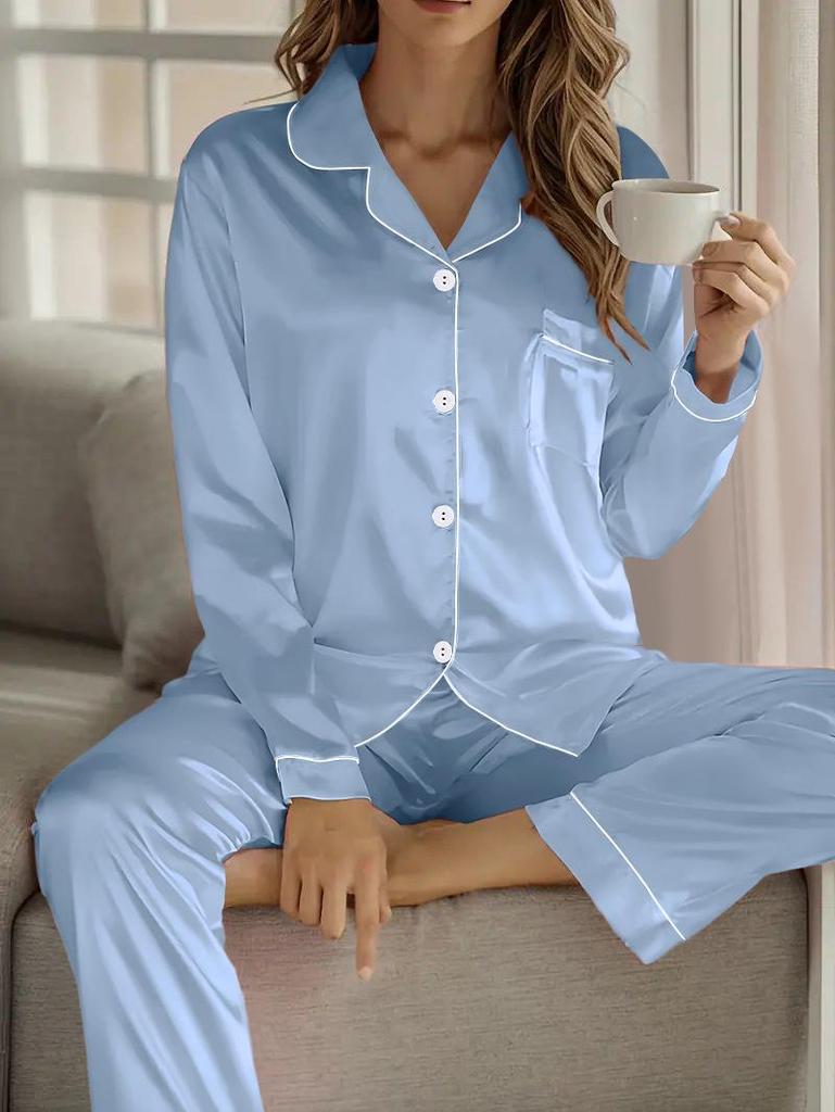 Women’s Satin Pajama Set - Solid Color, Long Sleeve Cardigan with Lapel, Long Pants, Versatile Home Wear for Autumn and Winter.