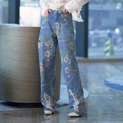 Flower Print Women Jeans Denim Pant with Ripped Hole Fashion Casual Plus Size Trouser Loose Straight Boyfriend Vintage Y2k