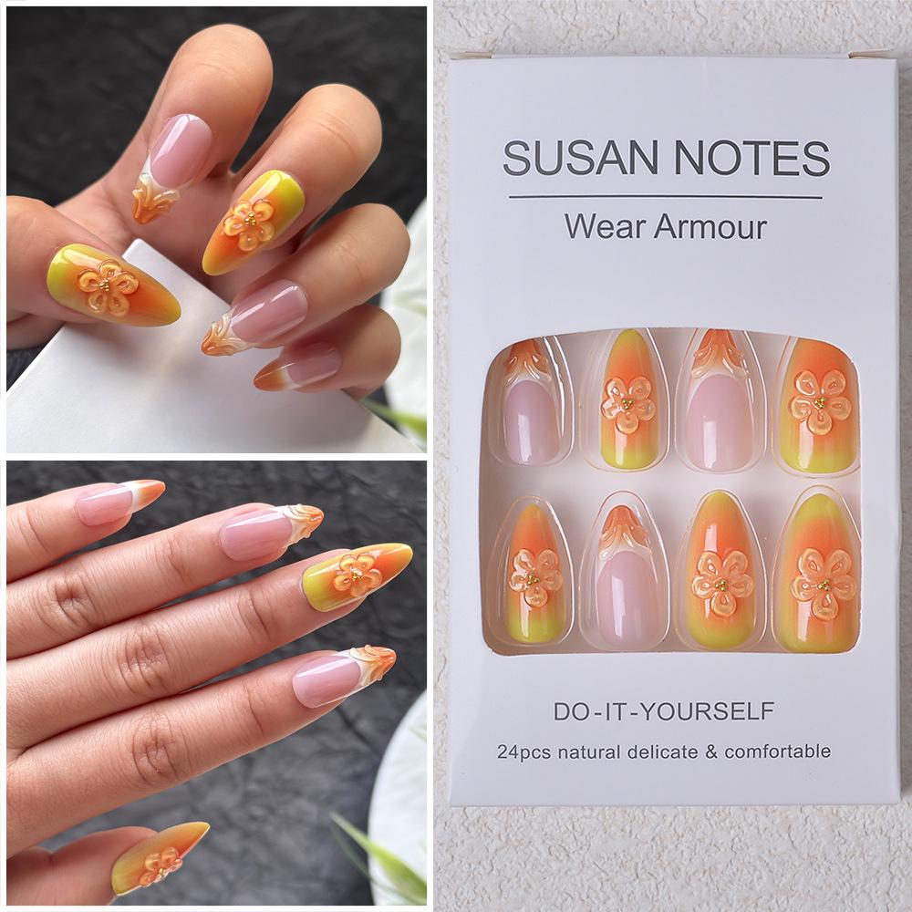 3D Almond Nails: Ice Flower Light Orange Press-On with Glitter Beads