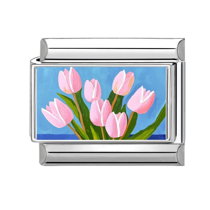 Colorful Art Printing Daisy Sunflower Tulip Rose Flowers Italian Charm Links Fit 9MM Stainless Steel Bracelet DIY Making Gifts