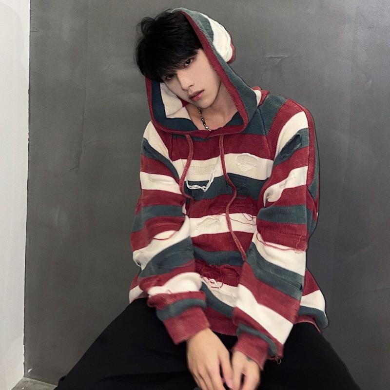 Unisex Oversized Knit Hoodie Sweater Casual Streetwear Striped Patchwork Cotton Blend Long Sleeve