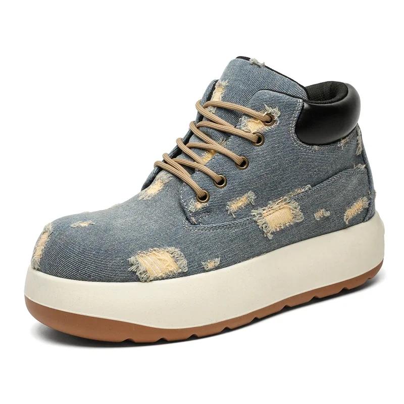 Canvas Boots for Men Outdoor Workwear Boots Retro Spring Chunky Sneakers Design Big Head Platform Lace-up Ankle Boots Trendy