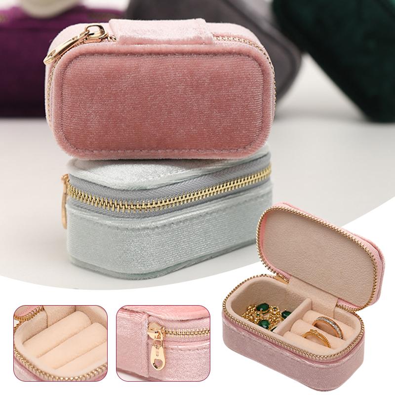 Velvet Mini Jewelry Storage Box Kawaii Girls Ring Earrings Necklace Tiny Organizer Zipper Jewelry Case Travel Accessories
