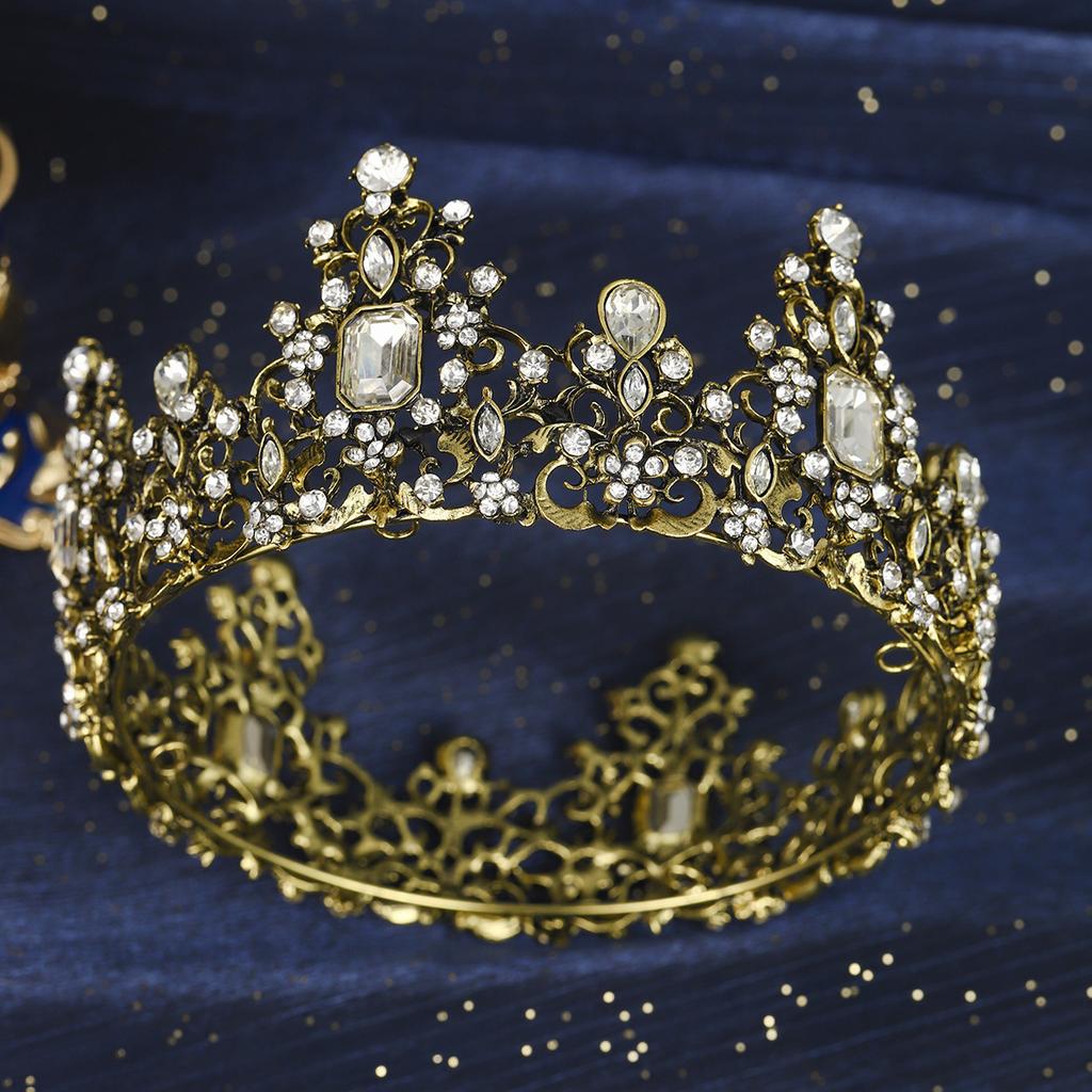 Antique Golden Vintage Heavy Duty Round Crown Baroque Crystal Flower Crown Tiara for Women Refined Banquet HairBand