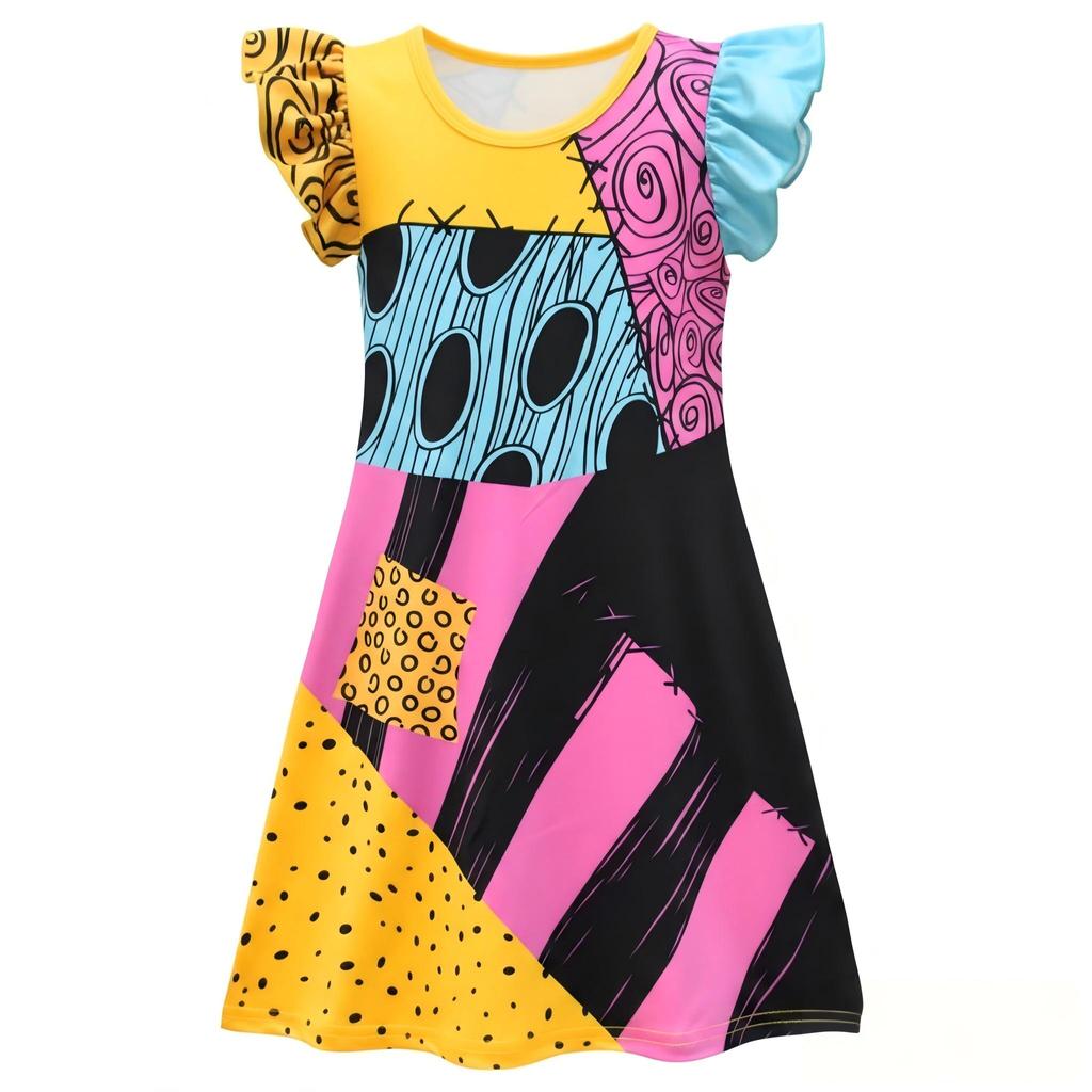 Girls Sally Cosplay Dress The Nightmare Before Christmas Print Gothic Outfit Halloween Carnival Fancy Stage Party Horror Costume