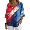 Women's V-Neck Button Three-Quarter Sleeve Casual Independence Day Print Pullover T-Shirt