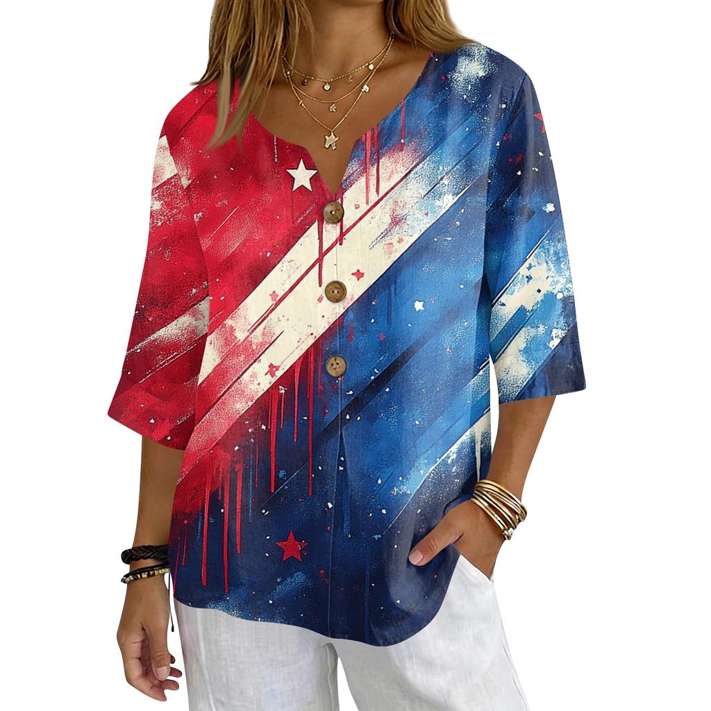 Women's V-Neck Button Three-Quarter Sleeve Casual Independence Day Print Pullover T-Shirt