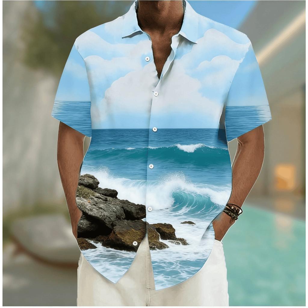 Men's Fresh Ocean Print Short Sleeve Shirt, Spring Summer Casual Hawaiian Vacation Blouse, Loose Casual Top