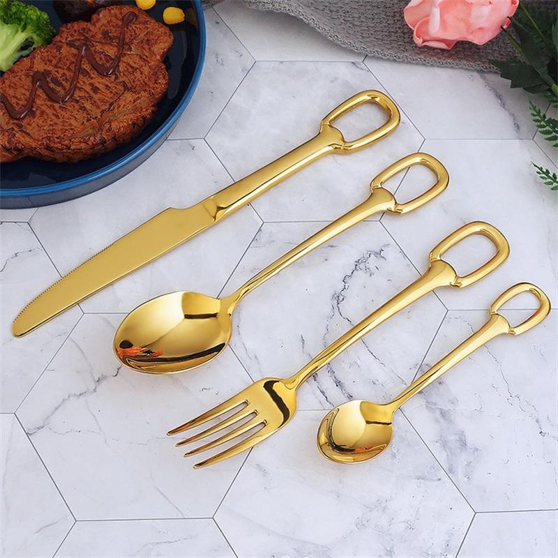 European Look Luxury Cutlery Complete Set Knife Fork Spoon Stainless Steel Tableware Stylish Dinnerware Hangable Design 32Pcs Creativity