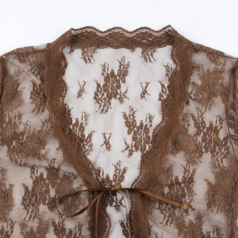 Bluză din dantelă din plasă pentru femei de vară cu mânecă lungă în perspectivă subțire Top guler în V Cardigane din dantelă Cămașă Crop tops