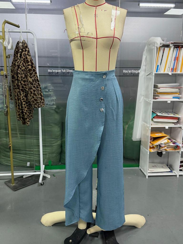 2026 Flare Faux Denim Skinny Pants - Solid Color, Casual Button-Up
