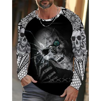 Men's Long-sleeved T-shirt Skull Printed T Shirts Long-sleeved Tee Tops Casual Men's Clothing Oversized Outdoor Pullover