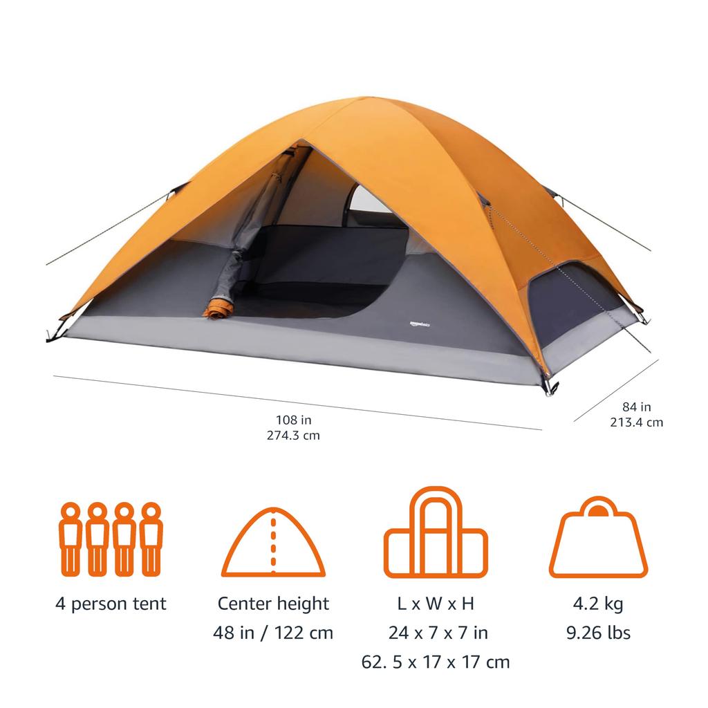 AmazonBasics Dome Tent for 4 People with x x Orange and Grey Rainfly, 2.7 2.1 1.2m,