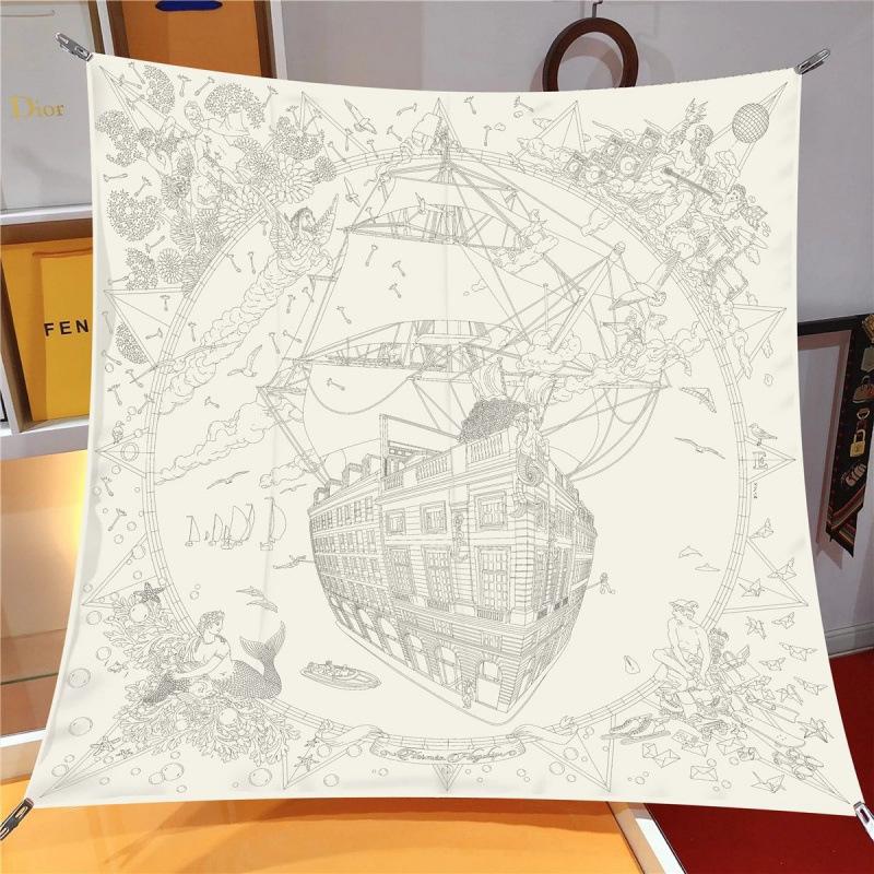 Spring New 90Cm Square Scarf Handmade Desktop Twill Silk High-End Shawl Headscarf Machine Curling Women Fashion Trend