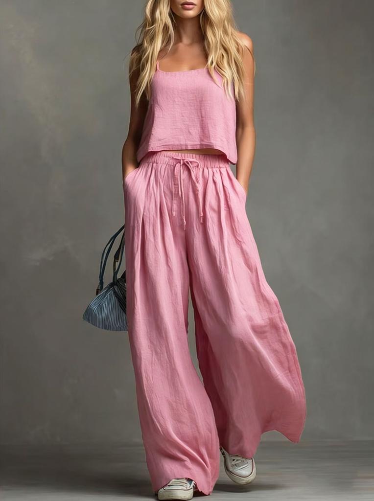 1116 European beautiful women's new solid color casual suspender top wide-leg pants set