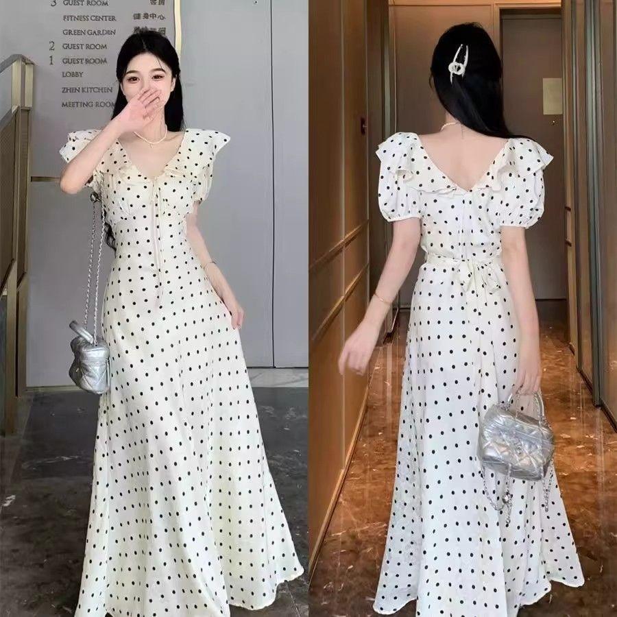 French ruffle edge bubble sleeve polka dot dress children's summer new French temperament waist dress