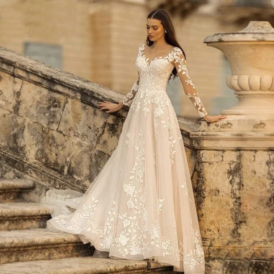 Long-sleeved Wedding Dress Mori Spring and Autumn New Bride Simple Round Neck Slim Perspective Travel Photo Trailing Soft Yarn Thin