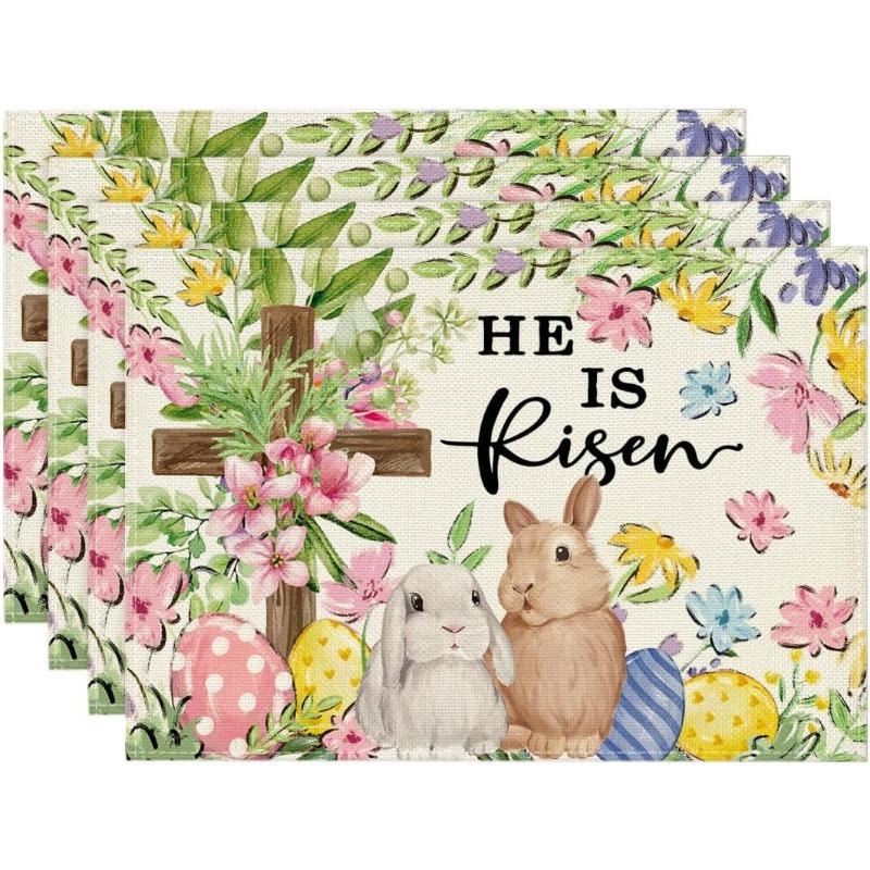 Hase Kaninchen Blume Bunt Eier Ostern Tischsets 4er Set, Druckmuster Tischmatten für Party Küche Esszimmer Dekoration